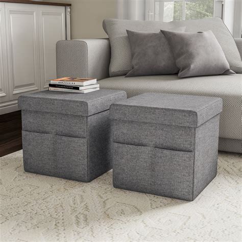 Foldable Storage Cube Ottoman with Pockets (Pair, Charcoal Gray ...