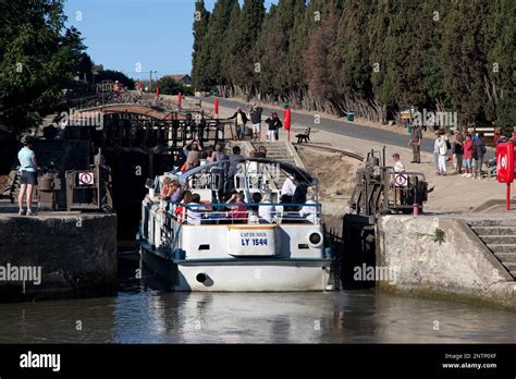 France, Beziers, canal barges passing through the famous neuf écluses ...