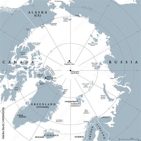 Vettoriale Stock Arctic region, gray political map. Polar region around ...