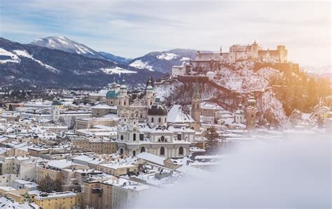 Premium Photo | Panorama of salzburg in winter snowy historical center ...