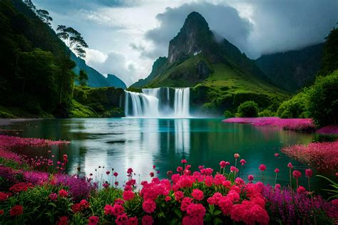 beautiful waterfall in the mountains with pink flowers. AI-Generated ...