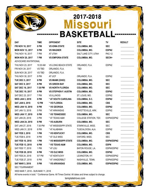 Printable 2017-2018 Missouri Tigers Basketball Schedule