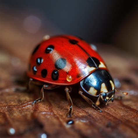 Premium Photo | A red and black ladybug sits on a piece of wood.