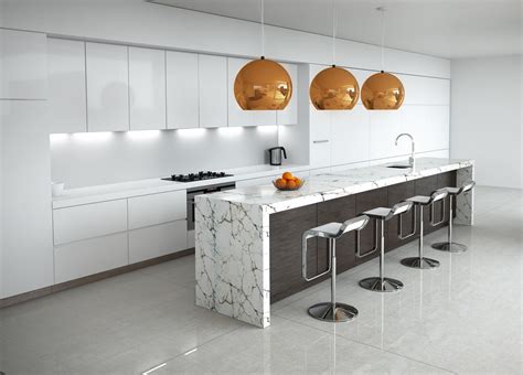 Contemporary minimal white kitchen with marble and wood details ...