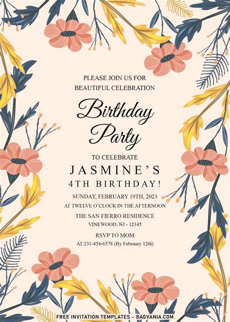 an elegant birthday party card with flowers and leaves on the front, in ...