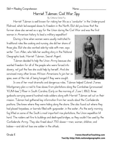 Reading Comprehension Worksheet - Harriet Tubman: Civil War Spy