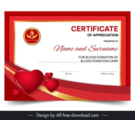 Blood donation certificate template elegant hearts curves vectors stock ...