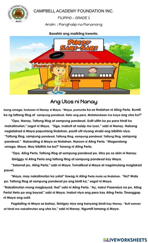 Maikling kwento (Pananong) worksheet | Short stories for kids, Stories ...