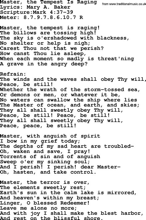 Good Old Hymns - Master, the Tempest Is Raging - Lyrics, Sheetmusic ...