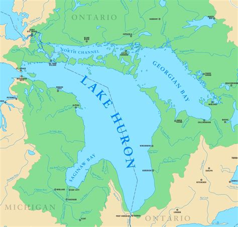 Map of Lake Huron with cities and rivers