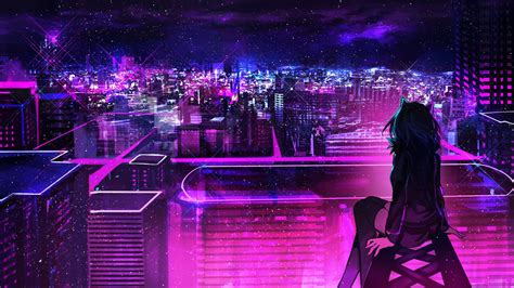 Download Animation Anime Girl Neon Purple City Wallpaper | Wallpapers.com