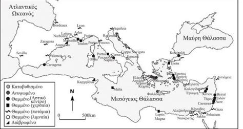 Map showing ancient ports of the Mediterranean Sea. Most of the exposed ...