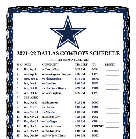 Dallas Cowboys 2021 To 2022 Schedule