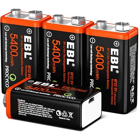 EBL 4-Pack USB Rechargeable 9V Lithium Batteries 5400mWh Li-ion Battery ...