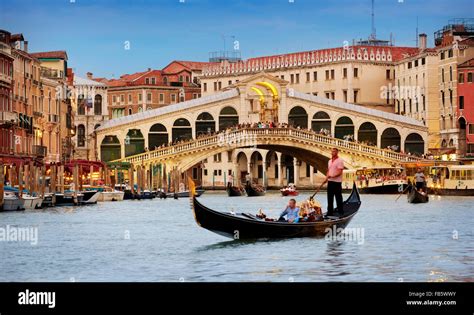 Gondola on the Grand Canal, Rialto Bridge, Venice, Italy, UNESCO Stock ...