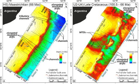 A) Isobath map of H5 (66 Ma) and B) isopach map for U2 -U4 (100.5-66 ...