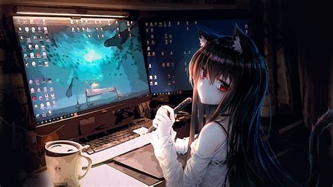 Anime cat girl, room, computer, animal ears, coffee, cute, Anime, HD ...