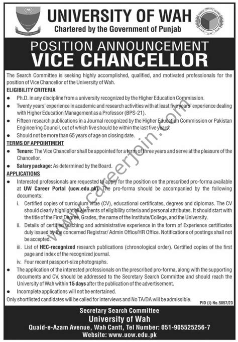 University Of Wah Jobs Vice Chancellor