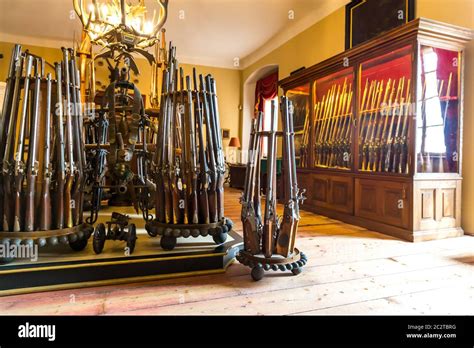 Museum with old weapons, ancient armory storage, Europe. Medieval ...