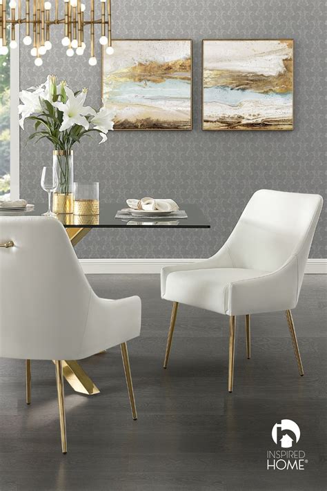 Luxurious White leather Dining Chairs Armless with Gold Legs | Modern ...