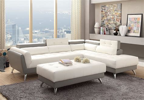 Modern White and Light Grey Bonded Leather Sectional Sofa Set with ...