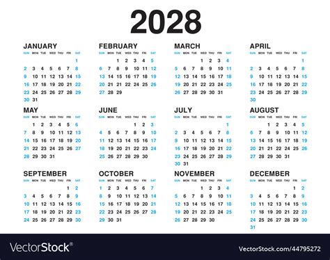 Calendar 2028 template simple minimal design Vector Image