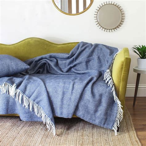 Extra Large Slate Blue Herringbone Wool Throw | Large throws for sofas ...