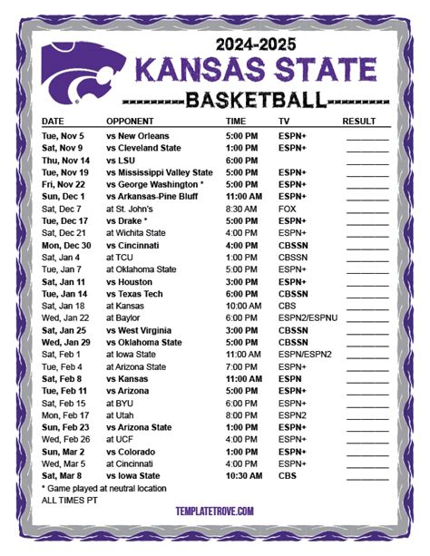 Printable 2024-2025 Kansas State Wildcats Basketball Schedule