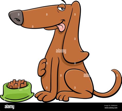 Cartoon illustration of hungry dog comic animal character with his food ...