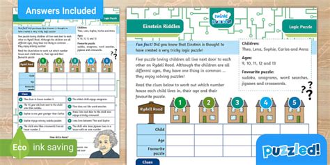 Einstein Riddles Logic Puzzle - Twinkl - Kids Puzzles