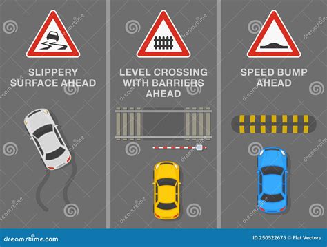 Signs and Road Markings Meaning. `Slippery Surface`, `level Crossing ...