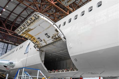 The Luggage Compartment In An Airplane Stock Photo - Image of heavy ...