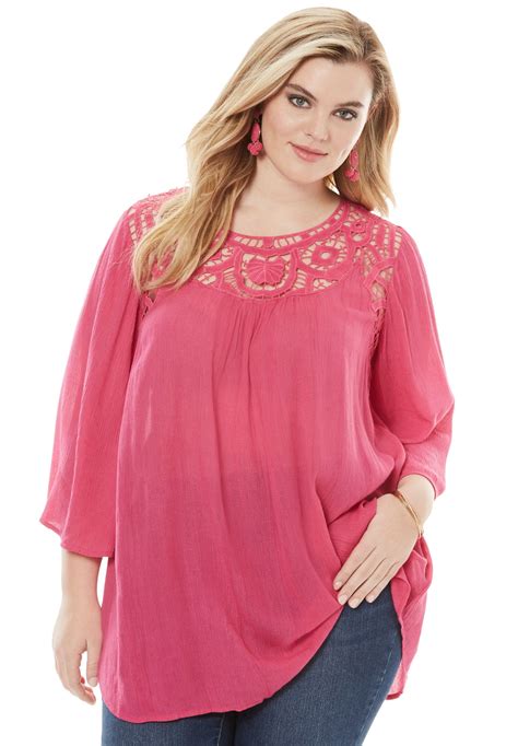 Roaman's - Roaman's Plus Size Lace Neckline Tunic with Three-Quarter ...