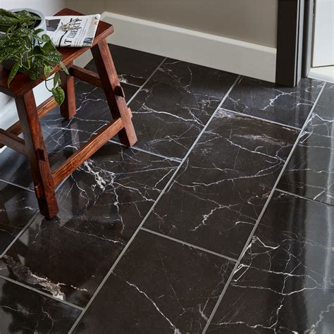 Elegance Black Gloss Marble effect Ceramic Floor tile, Pack of 7, (L ...