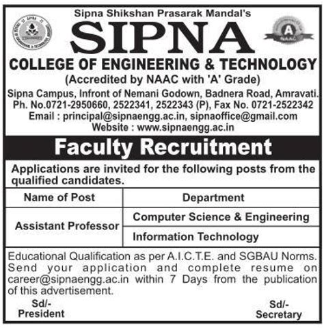 Sipna College of Engineering & Technology, Amravati, Maharashtra Wanted ...