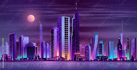 Metropolis night skyline with illuminated skyscrapers, cottage houses ...