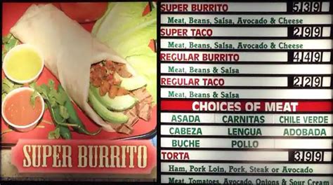 Menu at Super Taqueria restaurant, San Jose, Almaden Rd