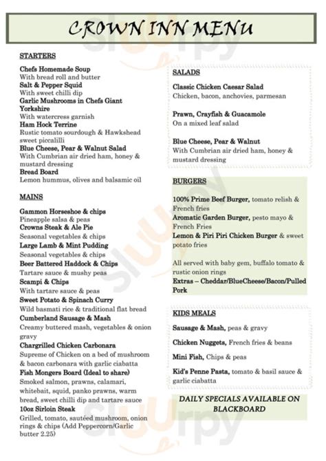 Crown Inn, Coniston, Coniston - Tilberthwaite Avenue - Menu and Prices