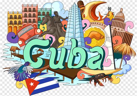 Cuban cuisine Illustration, Cuba architecture Landmarks painted English ...