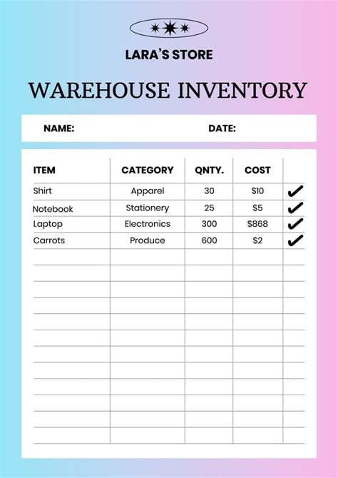 Personalize this Gradient Company Warehouse Inventory Checklist layout ...