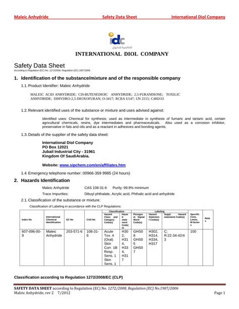 (PDF) INTERNATIONAL DIOL COMPANY - Sipchem · Maleic Anhydride Safety ...