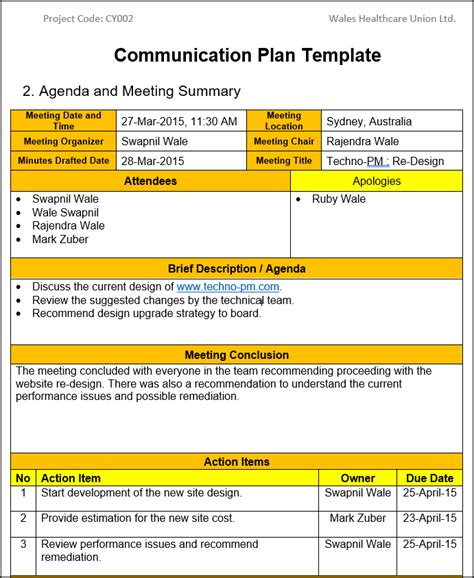 Example Communication Plan Template