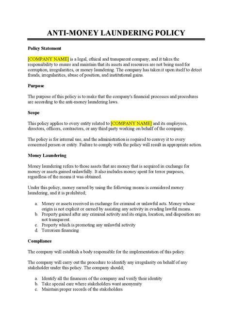 Anti-Money Laundering Policy Template - Free Download - Easy Legal Docs