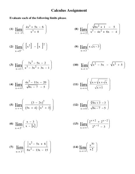 Printables. Calculus Worksheet. Tempojs Thousands of Printable Activities