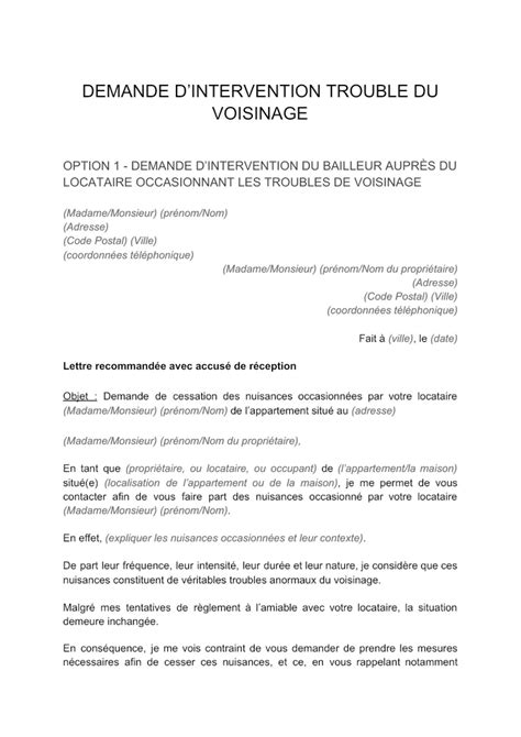 Lettre De Demande D Intervention Pour Trouble De Voisinage Document ...