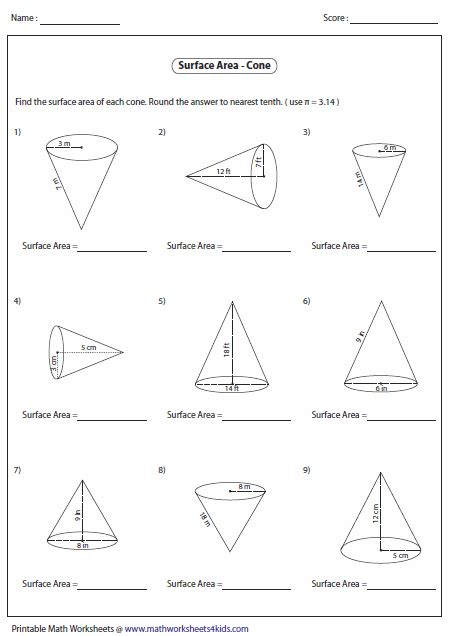 surface area of a cone worksheet