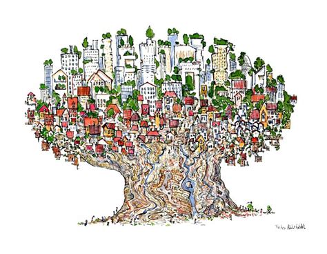 Drawing of a city in a tree | City drawing, Drawings, Tree illustration