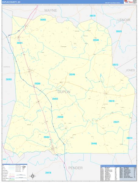 Duplin County, NC Zip Code Wall Map Basic Style by MarketMAPS - MapSales