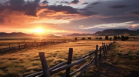 Premium Photo | Picturesque landscape fenced ranch at sunrise