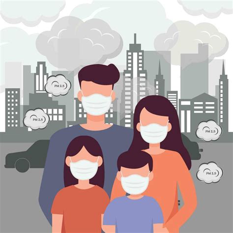 family wearing masks for protecting from air smoke city car pollution ...